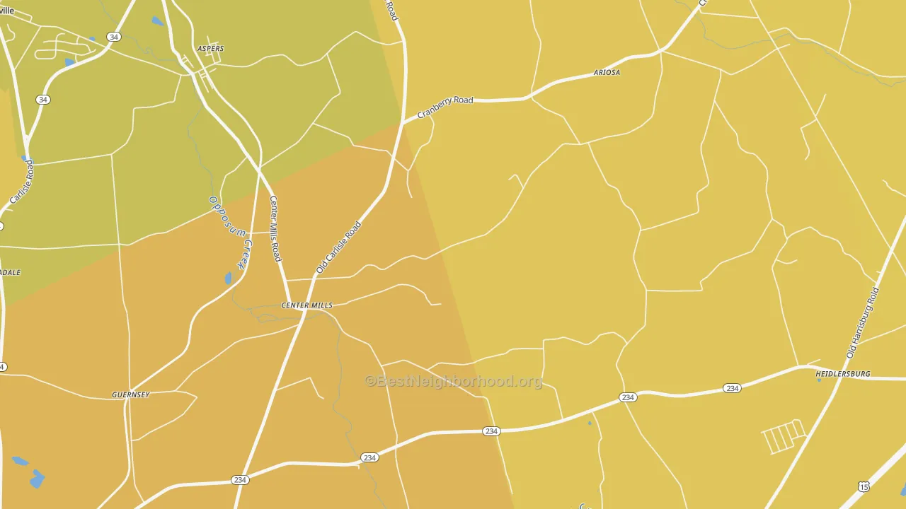 Map of the best neighborhoods in the Center Mills area, with better matches in green and worse matches in red