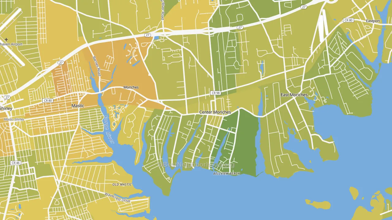 Map of the best neighborhoods in the Center Moriches area, with better matches in green and worse matches in red