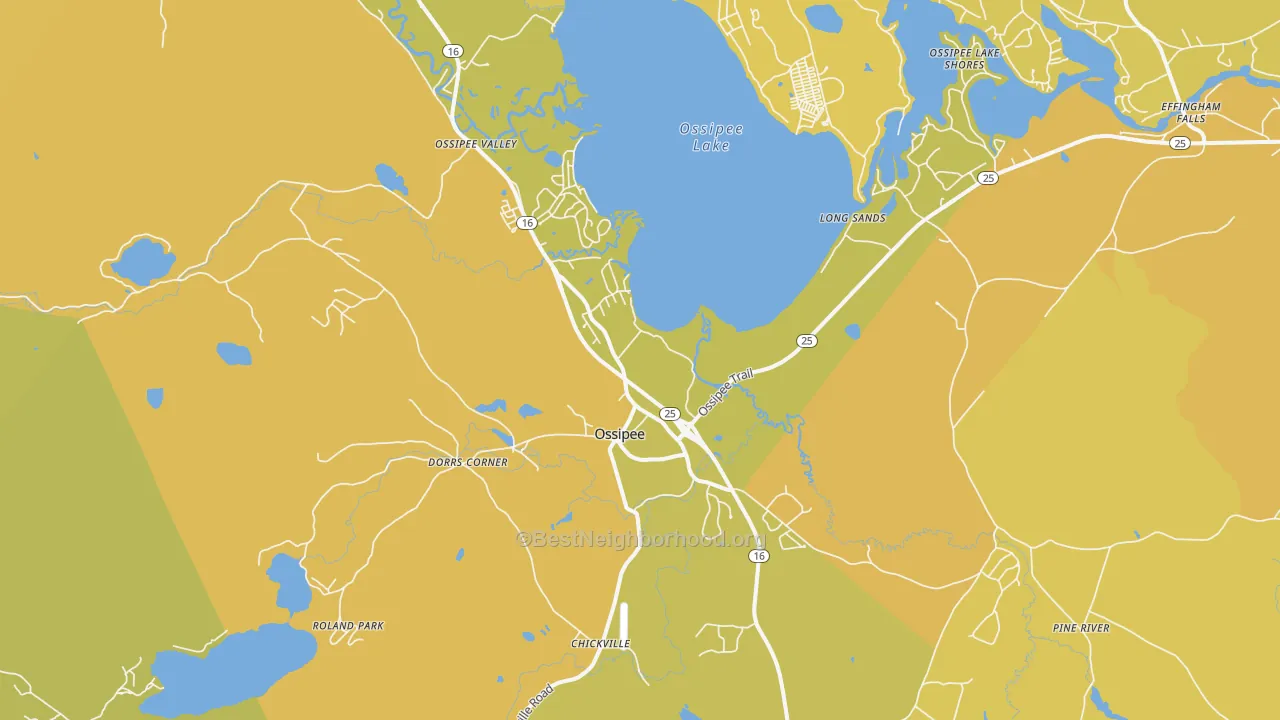Map of the best neighborhoods in the Center Ossipee area, with better matches in green and worse matches in red