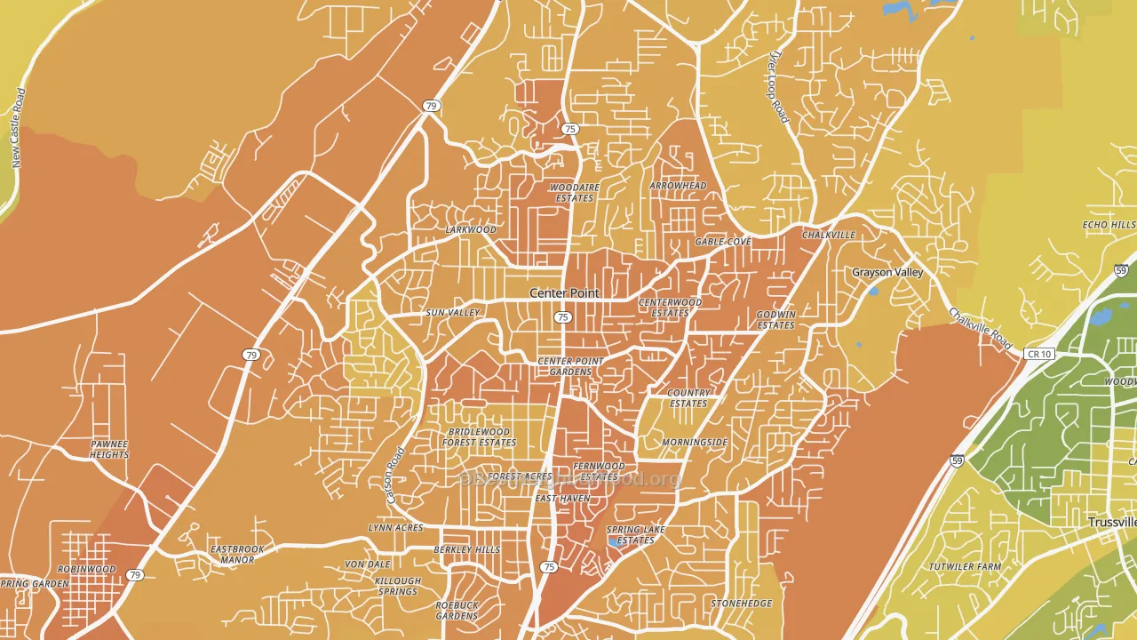 Map of the best neighborhoods in the Center Point area, with better matches in green and worse matches in red