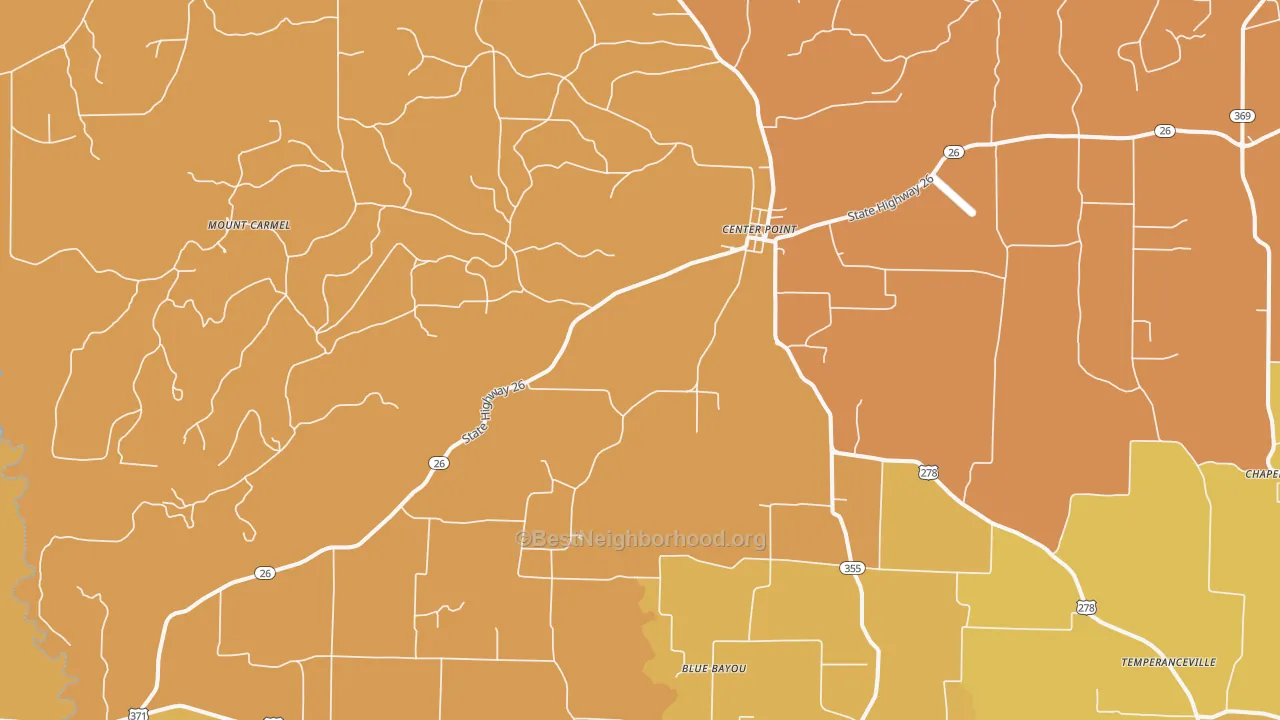 Map of the best neighborhoods in the Center Point area, with better matches in green and worse matches in red