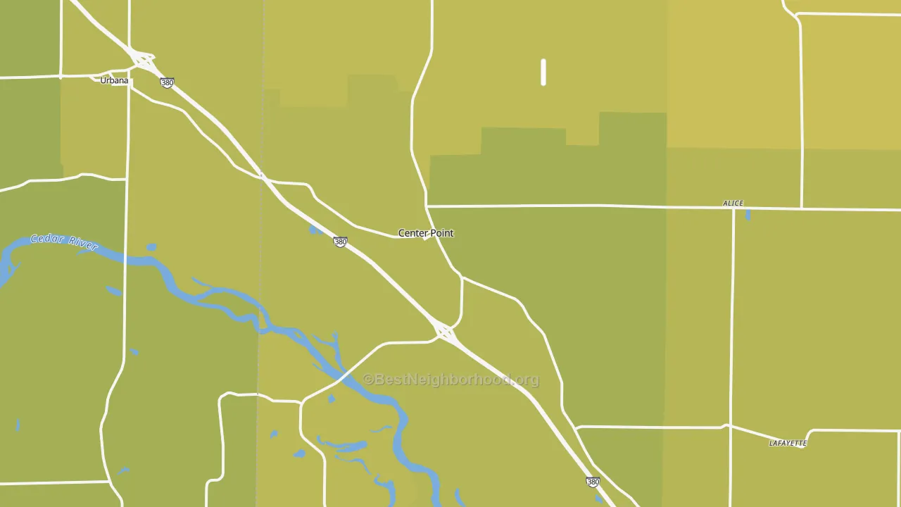 Map of the best neighborhoods in the Center Point area, with better matches in green and worse matches in red