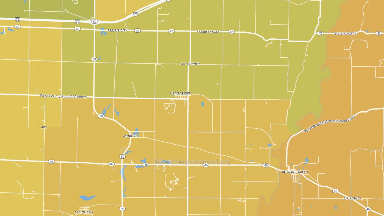 Map of the best neighborhoods in the Center Point area, with better matches in green and worse matches in red