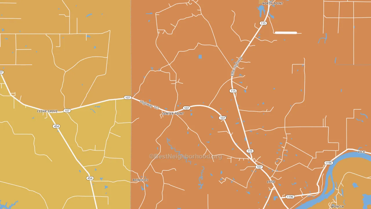 Map of the best neighborhoods in the Center Point area, with better matches in green and worse matches in red