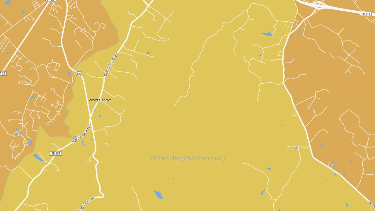 Map of the best neighborhoods in the Center Point area, with better matches in green and worse matches in red