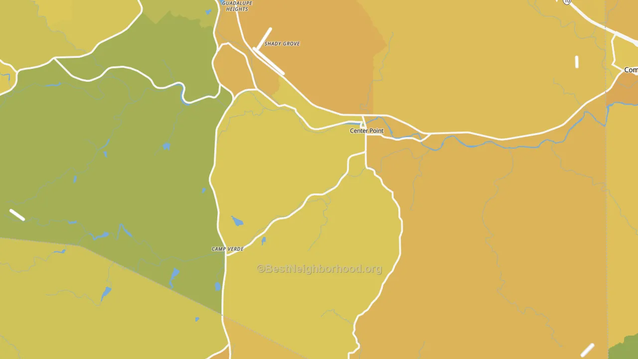 Map of the best neighborhoods in the Center Point area, with better matches in green and worse matches in red