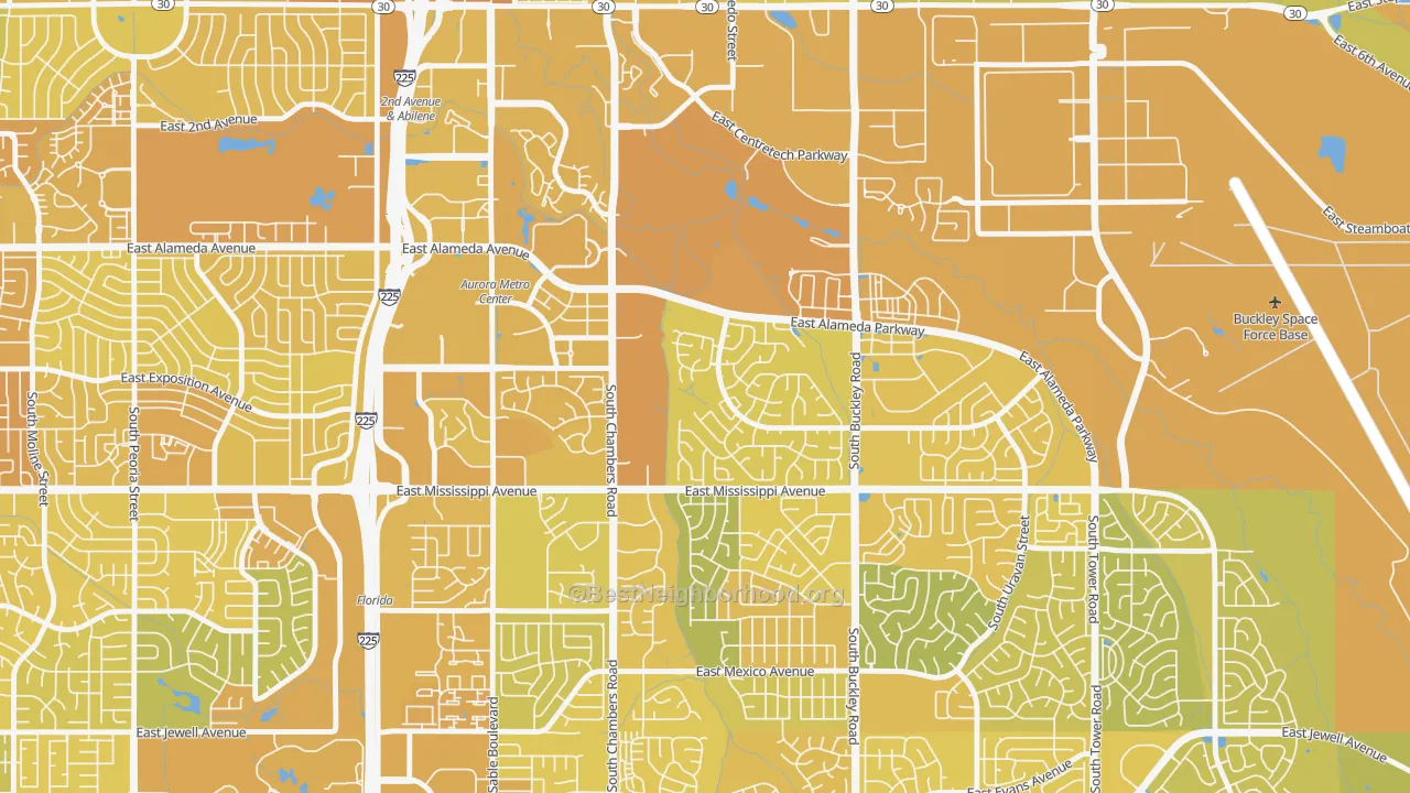 Map of the best neighborhoods in the Center Pointe, Aurora area, with better matches in green and worse matches in red