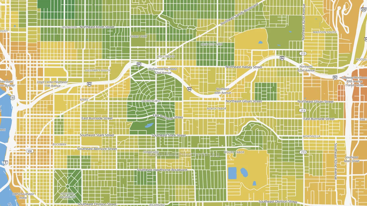 Map of the best neighborhoods in the Center, Portland area, with better matches in green and worse matches in red
