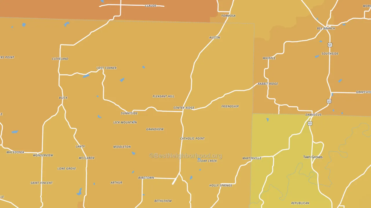 Map of the best neighborhoods in the Center Ridge area, with better matches in green and worse matches in red