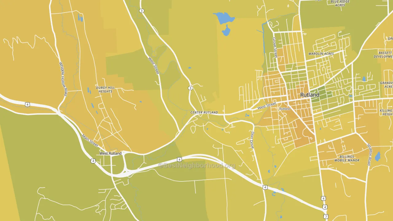 Map of the best neighborhoods in the Center Rutland area, with better matches in green and worse matches in red