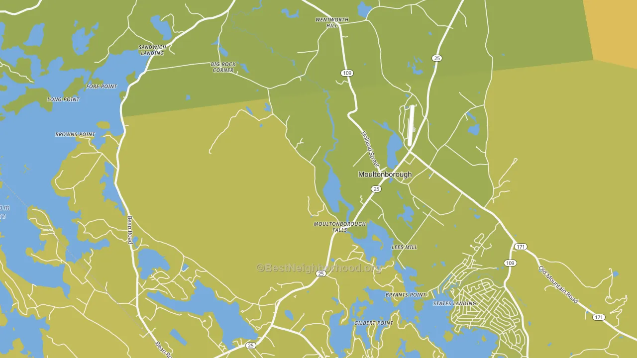 Map of the best neighborhoods in the Center Sandwich area, with better matches in green and worse matches in red