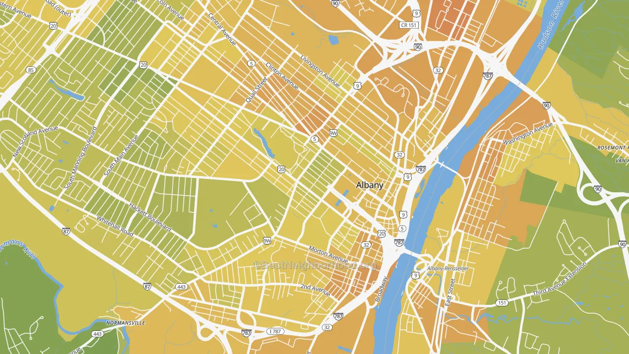 Map of the best neighborhoods in the Center Square, Albany area, with better matches in green and worse matches in red
