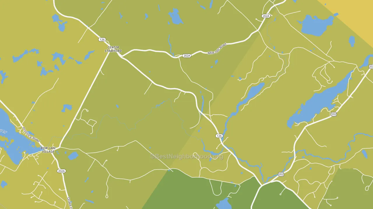 Map of the best neighborhoods in the Center Strafford area, with better matches in green and worse matches in red