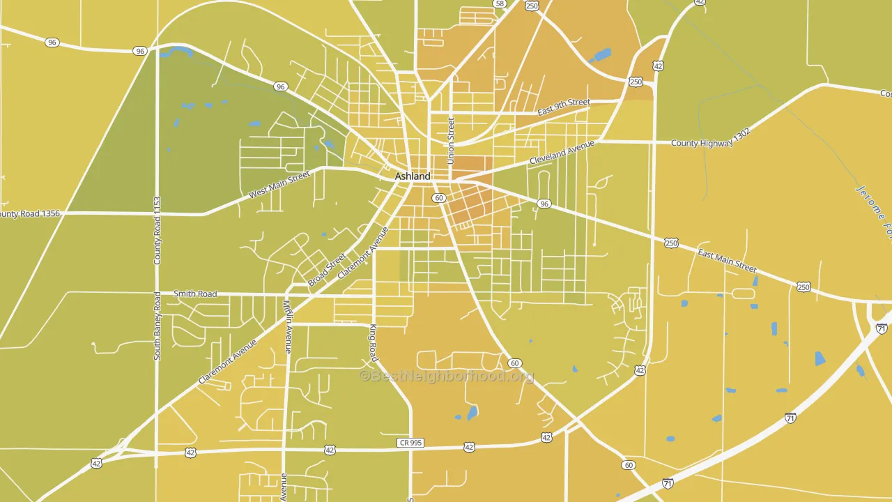 Map of the best neighborhoods in the Center Street Historic District, Ashland area, with better matches in green and worse matches in red