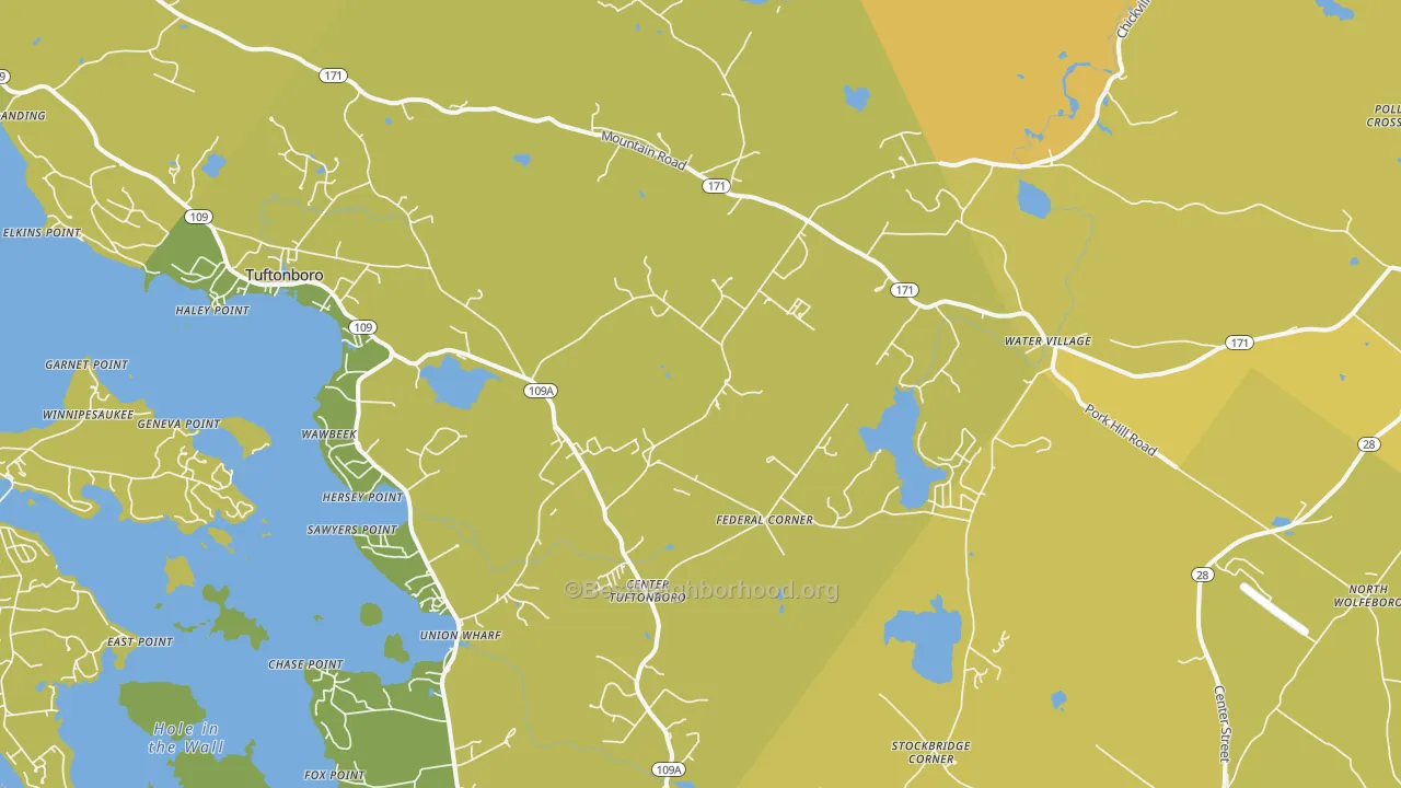 Map of the best neighborhoods in the Center Tuftonboro area, with better matches in green and worse matches in red
