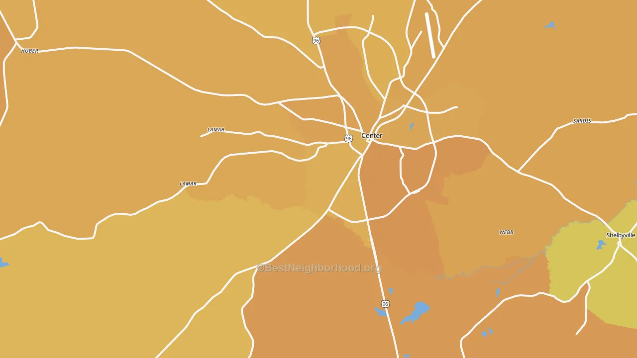 Map of the best neighborhoods in the Center area, with better matches in green and worse matches in red