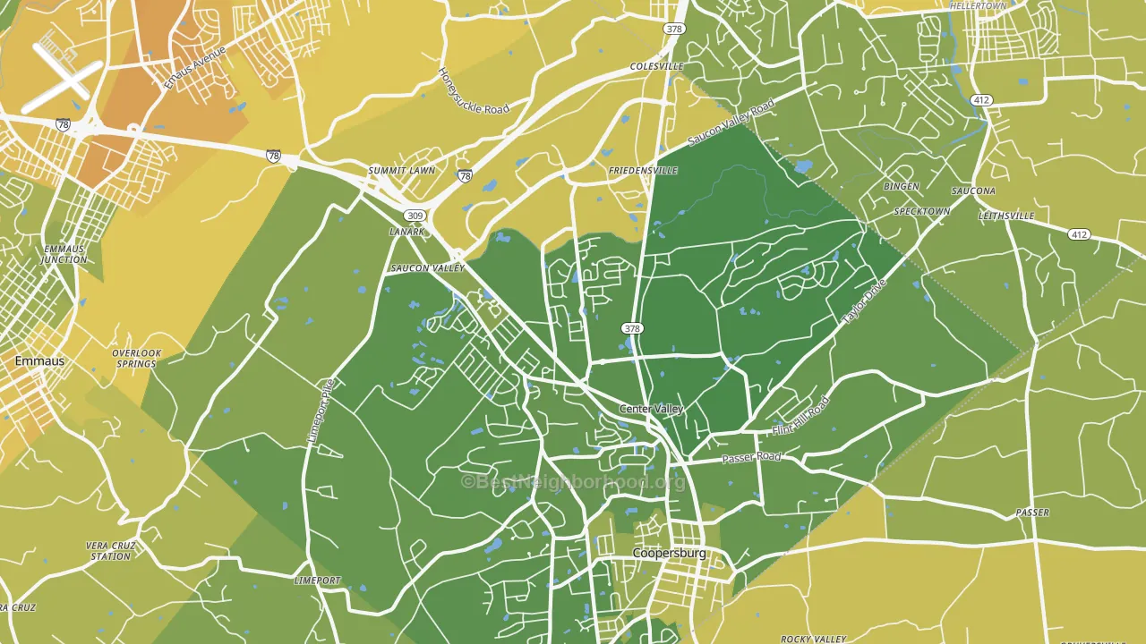 Map of the best neighborhoods in the Center Valley area, with better matches in green and worse matches in red