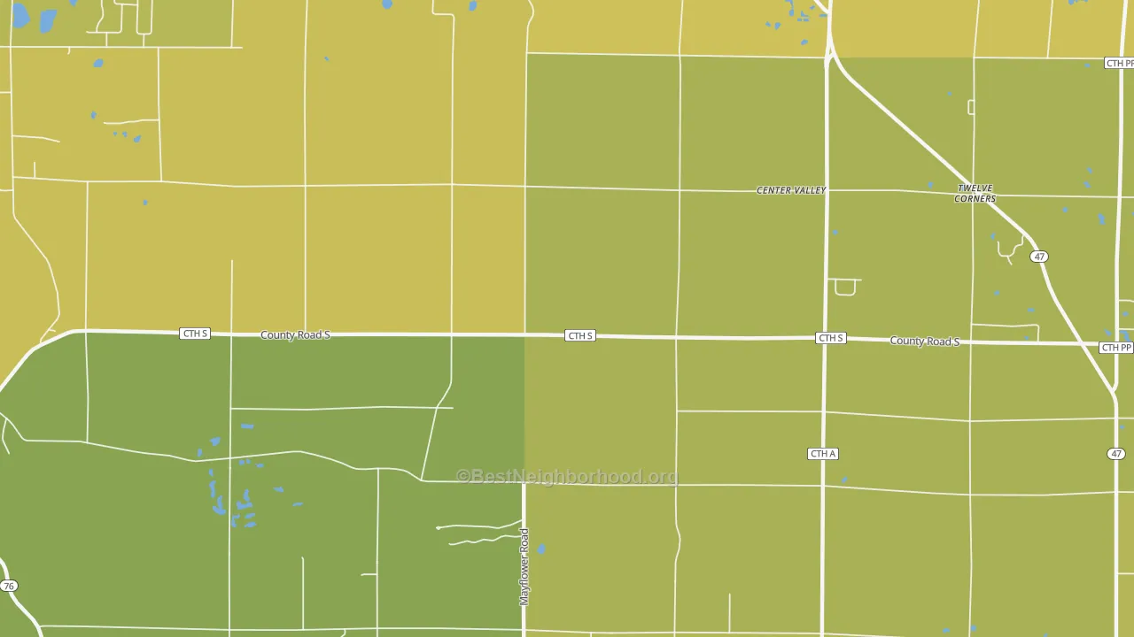 Map of the best neighborhoods in the Center Valley area, with better matches in green and worse matches in red