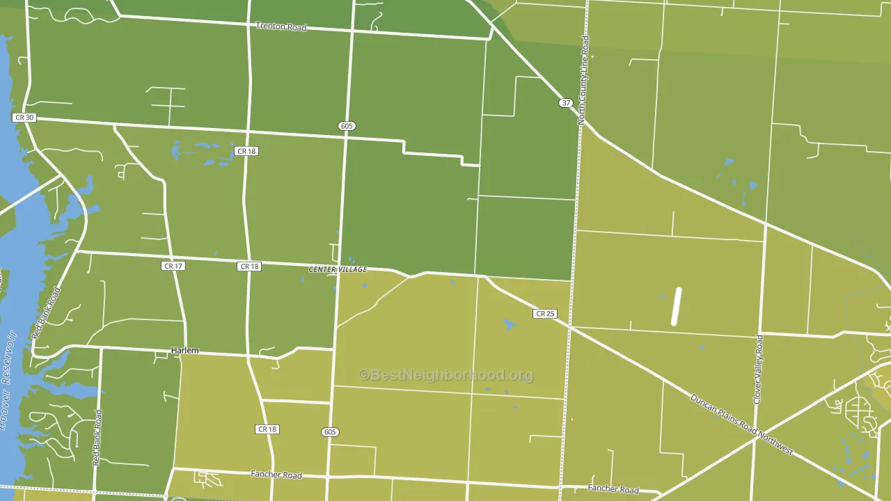Map of the best neighborhoods in the Center Village area, with better matches in green and worse matches in red