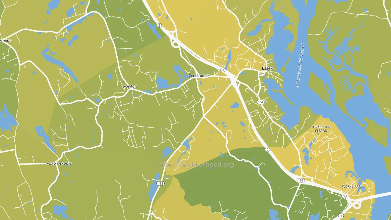 Map of the best neighborhoods in the Centerbrook area, with better matches in green and worse matches in red