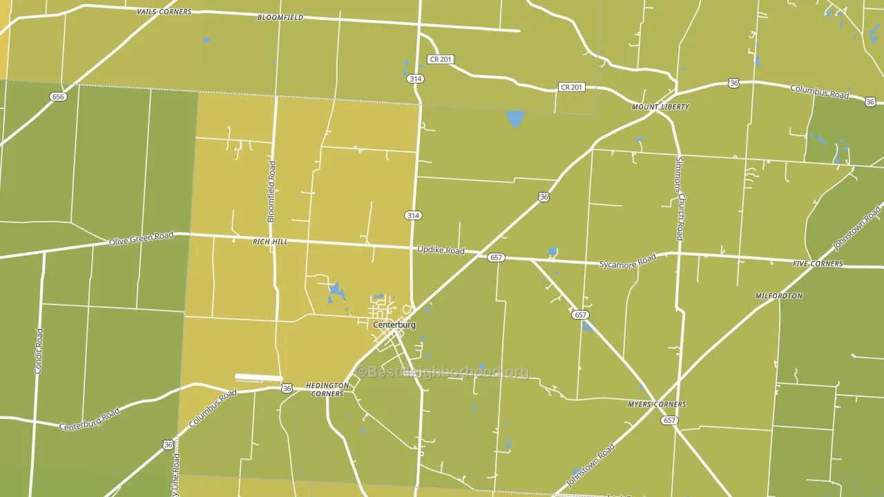 Map of the best neighborhoods in the Centerburg area, with better matches in green and worse matches in red