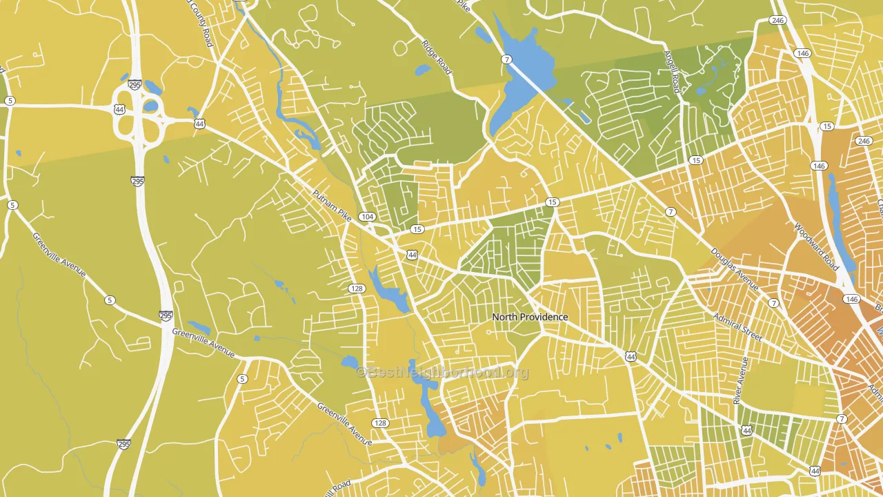Map of the best neighborhoods in the Centerdale, Providence area, with better matches in green and worse matches in red