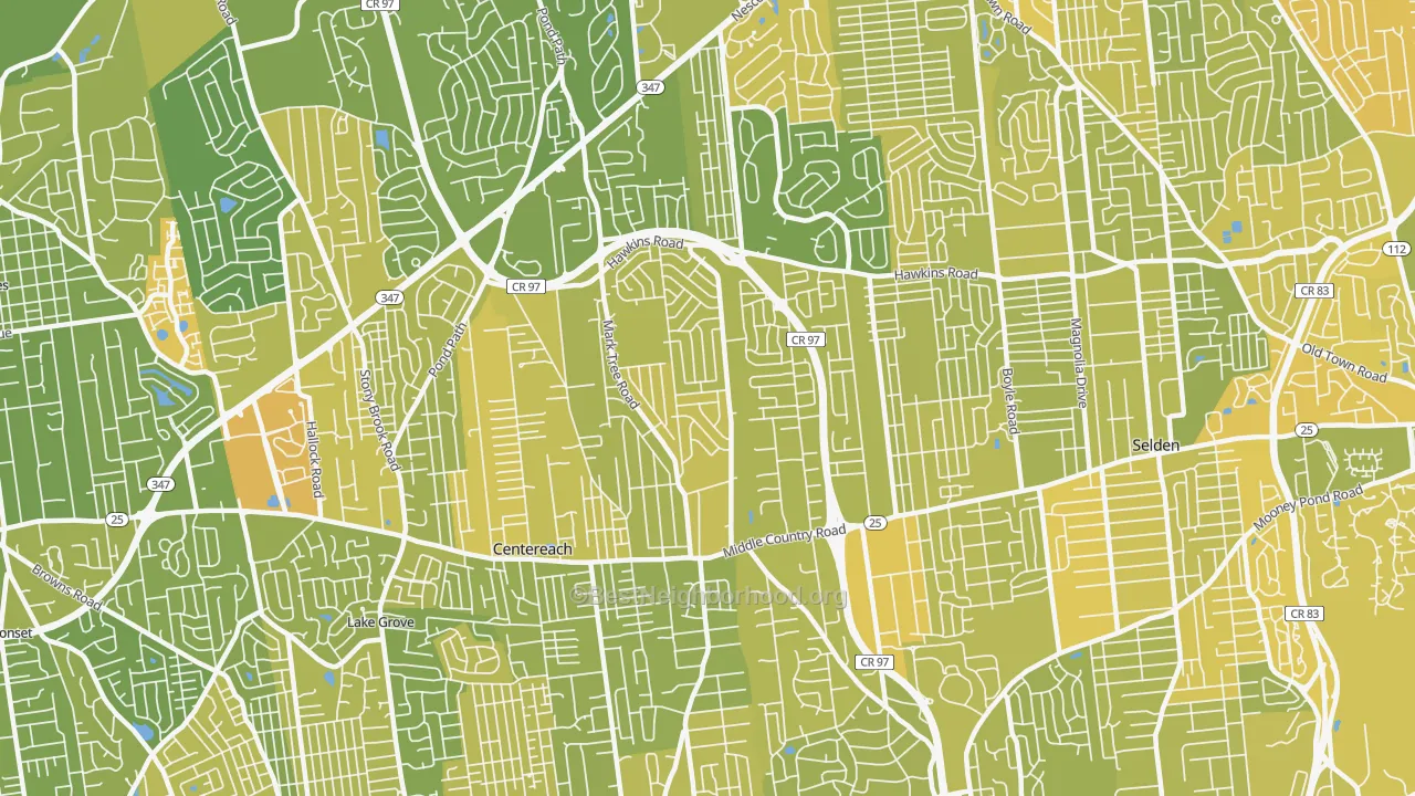Map of the best neighborhoods in the Centereach area, with better matches in green and worse matches in red