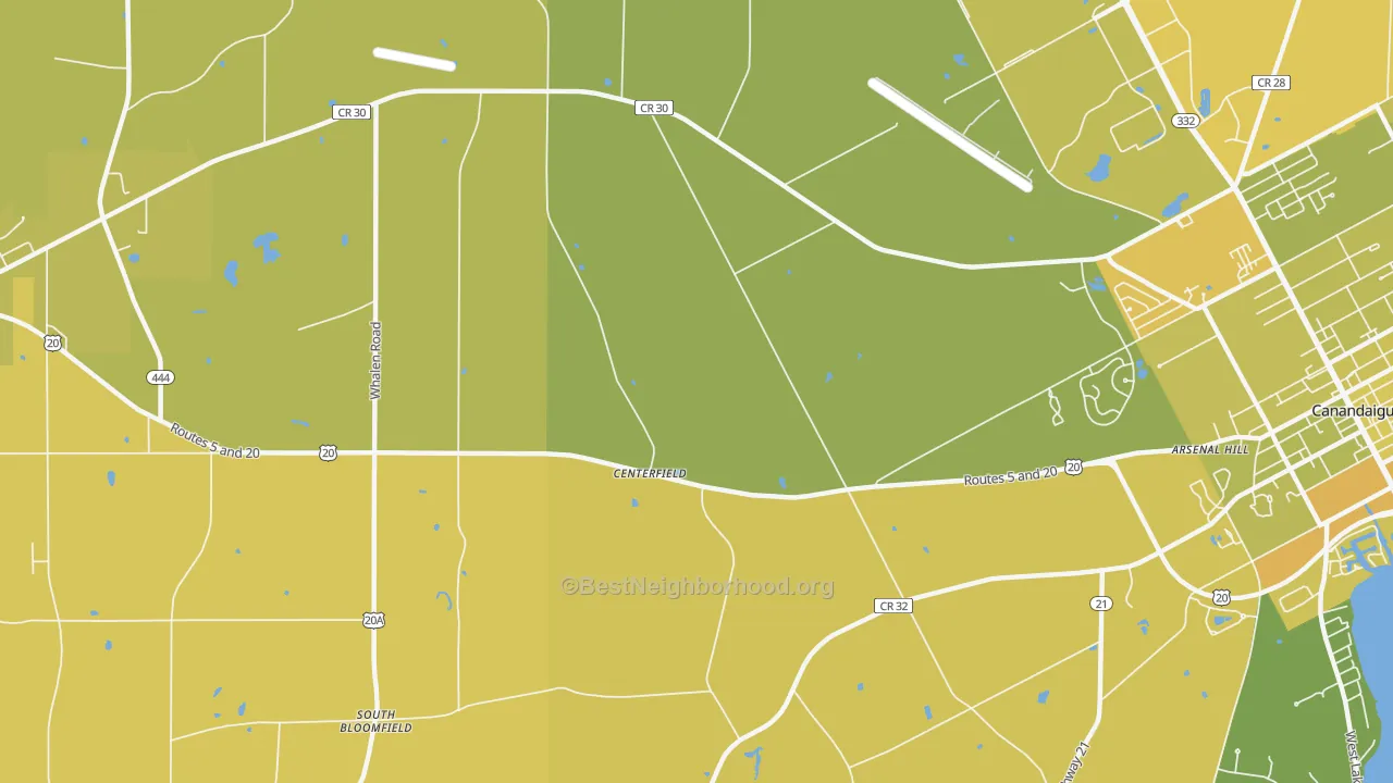 Map of the best neighborhoods in the Centerfield area, with better matches in green and worse matches in red