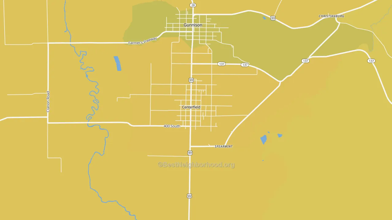 Map of the best neighborhoods in the Centerfield area, with better matches in green and worse matches in red