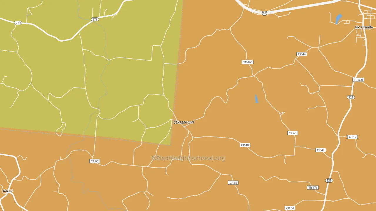 Map of the best neighborhoods in the Centerpoint area, with better matches in green and worse matches in red
