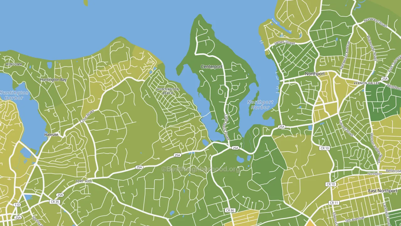 Map of the best neighborhoods in the Centerport area, with better matches in green and worse matches in red