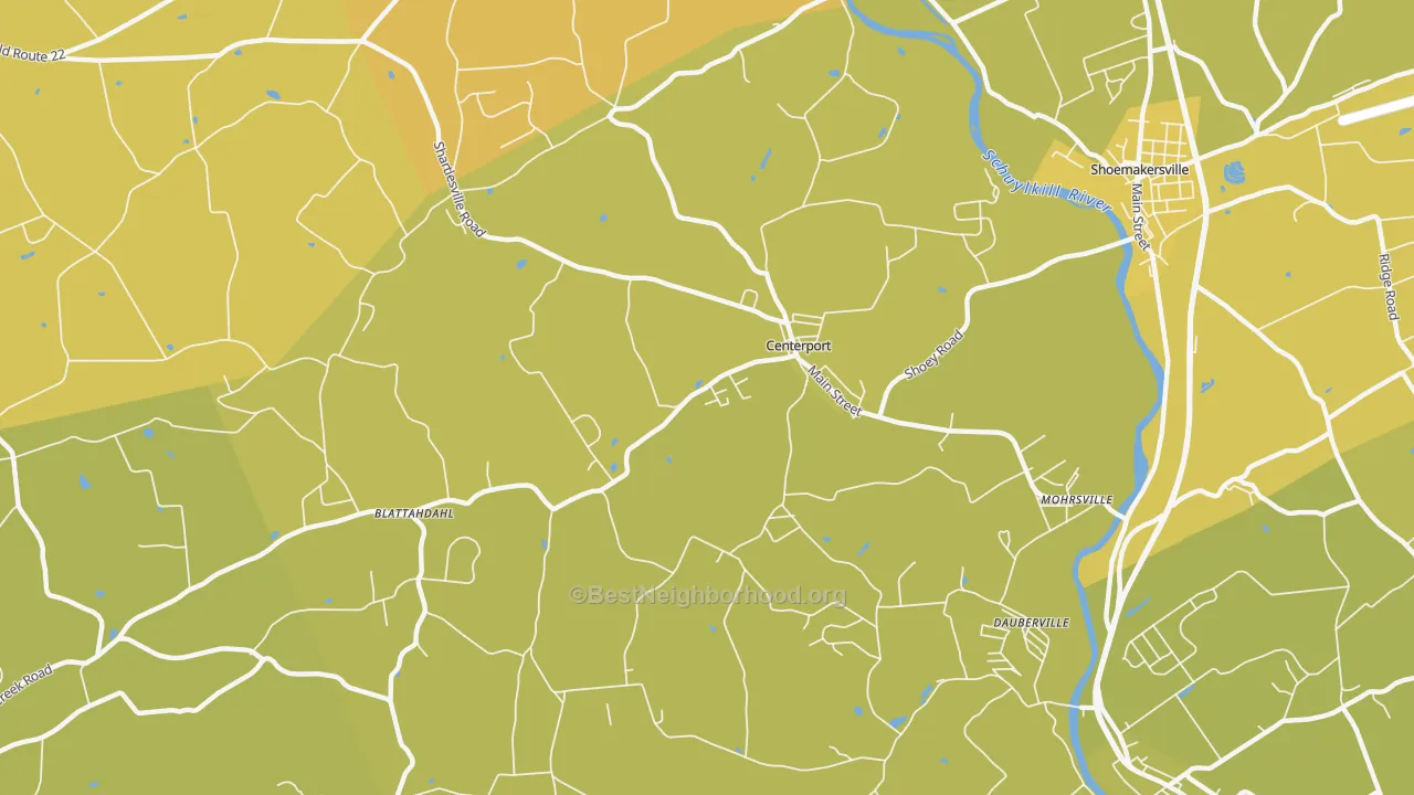 Map of the best neighborhoods in the Centerport area, with better matches in green and worse matches in red
