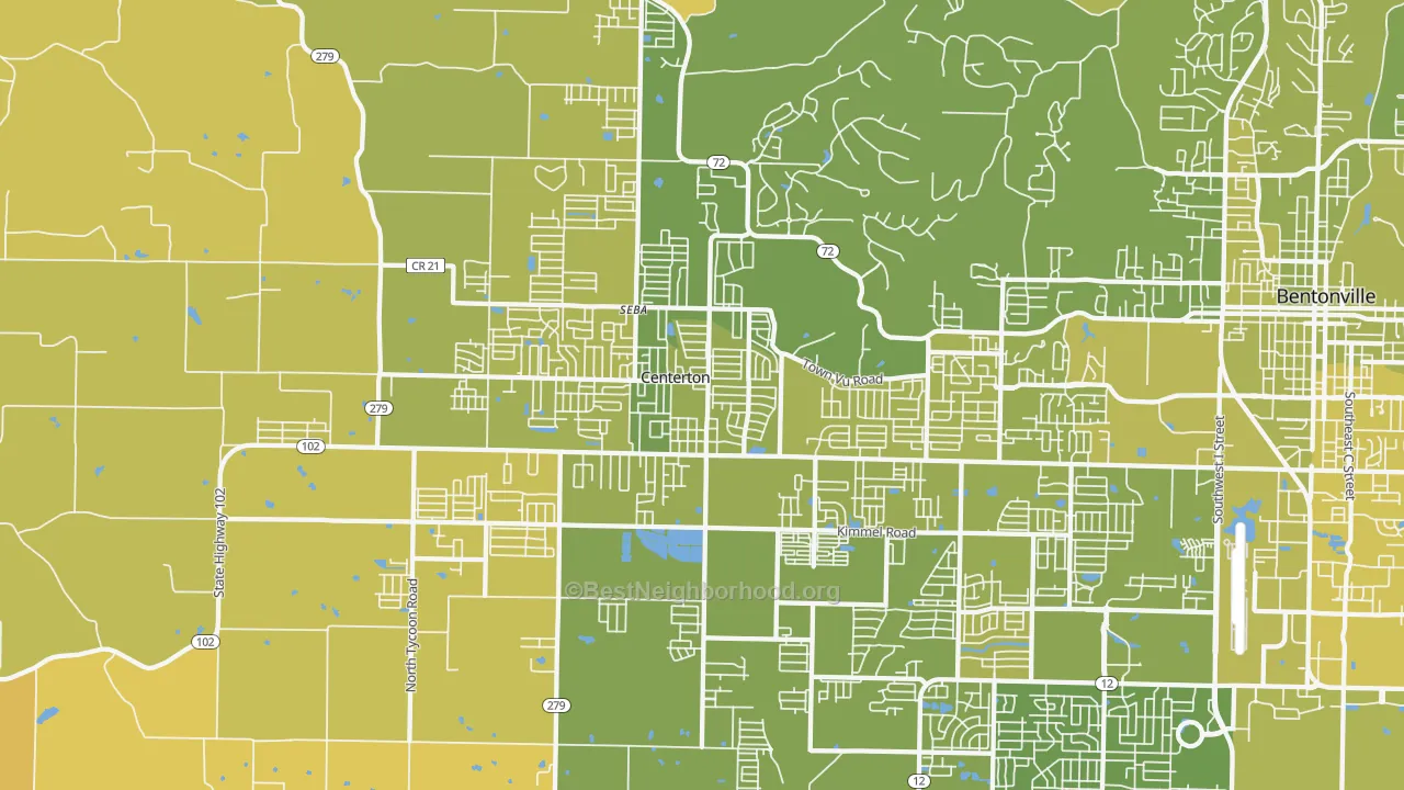 Map of the best neighborhoods in the Centerton area, with better matches in green and worse matches in red