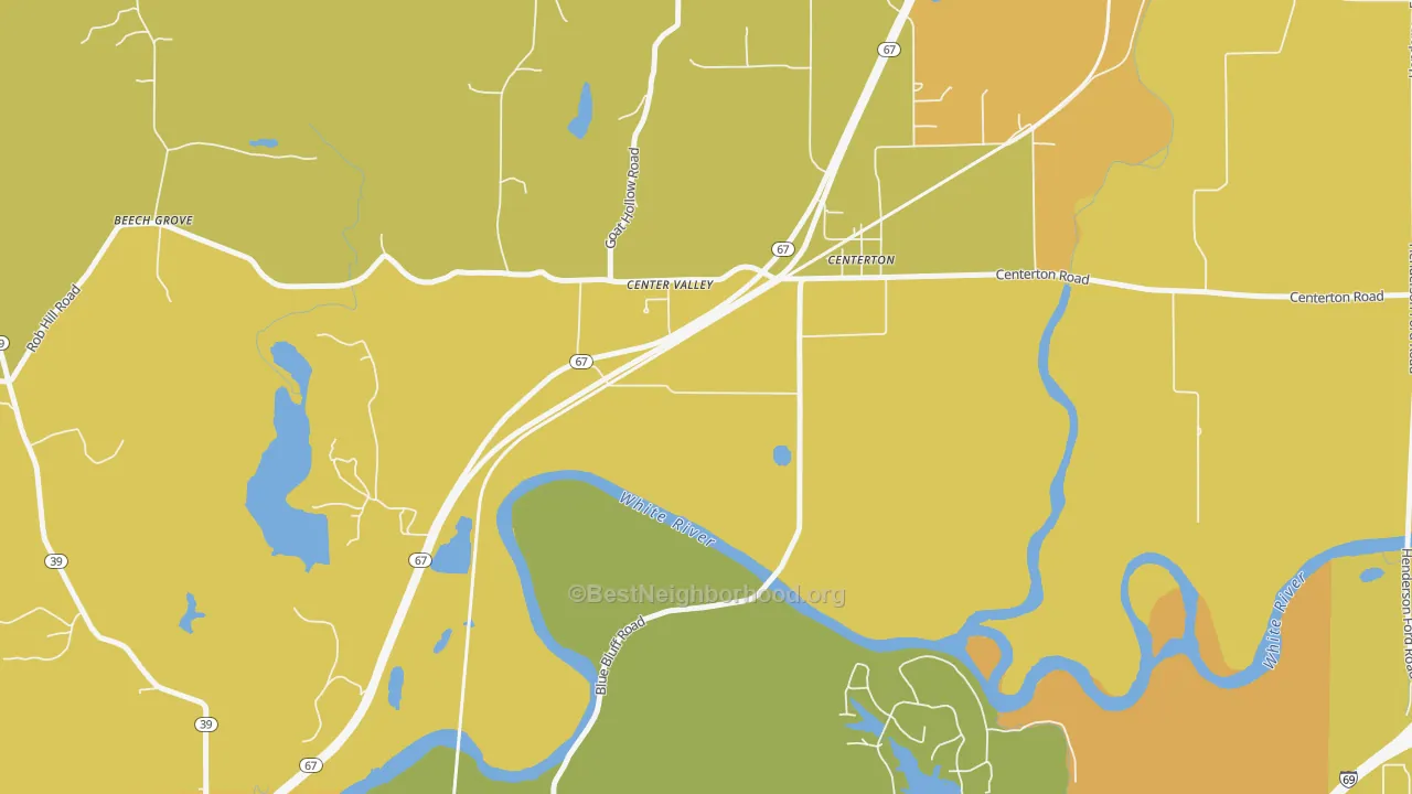Map of the best neighborhoods in the Centerton area, with better matches in green and worse matches in red