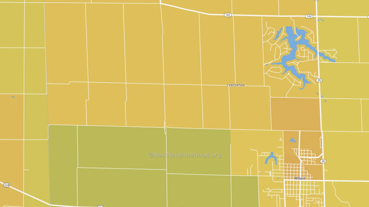 Map of the best neighborhoods in the Centerton area, with better matches in green and worse matches in red