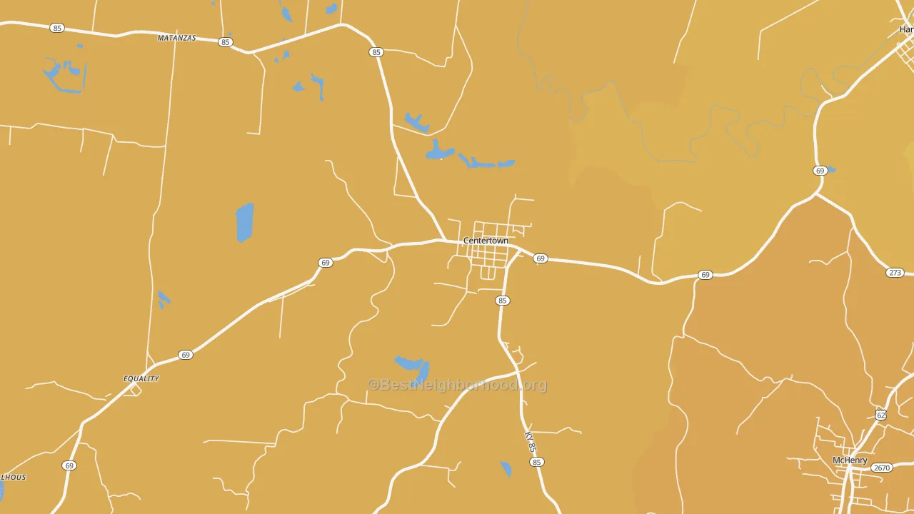 Map of the best neighborhoods in the Centertown area, with better matches in green and worse matches in red