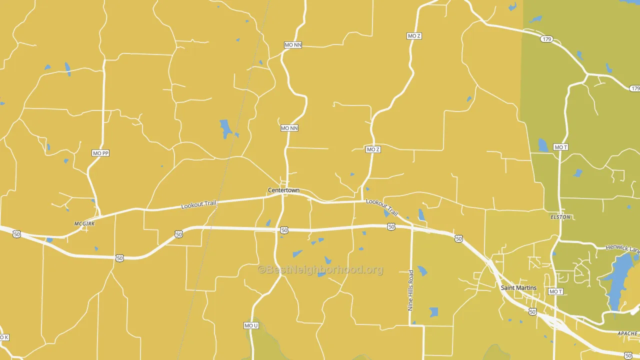 Map of the best neighborhoods in the Centertown area, with better matches in green and worse matches in red