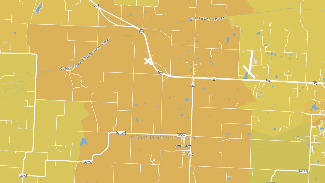Map of the best neighborhoods in the Centerview area, with better matches in green and worse matches in red