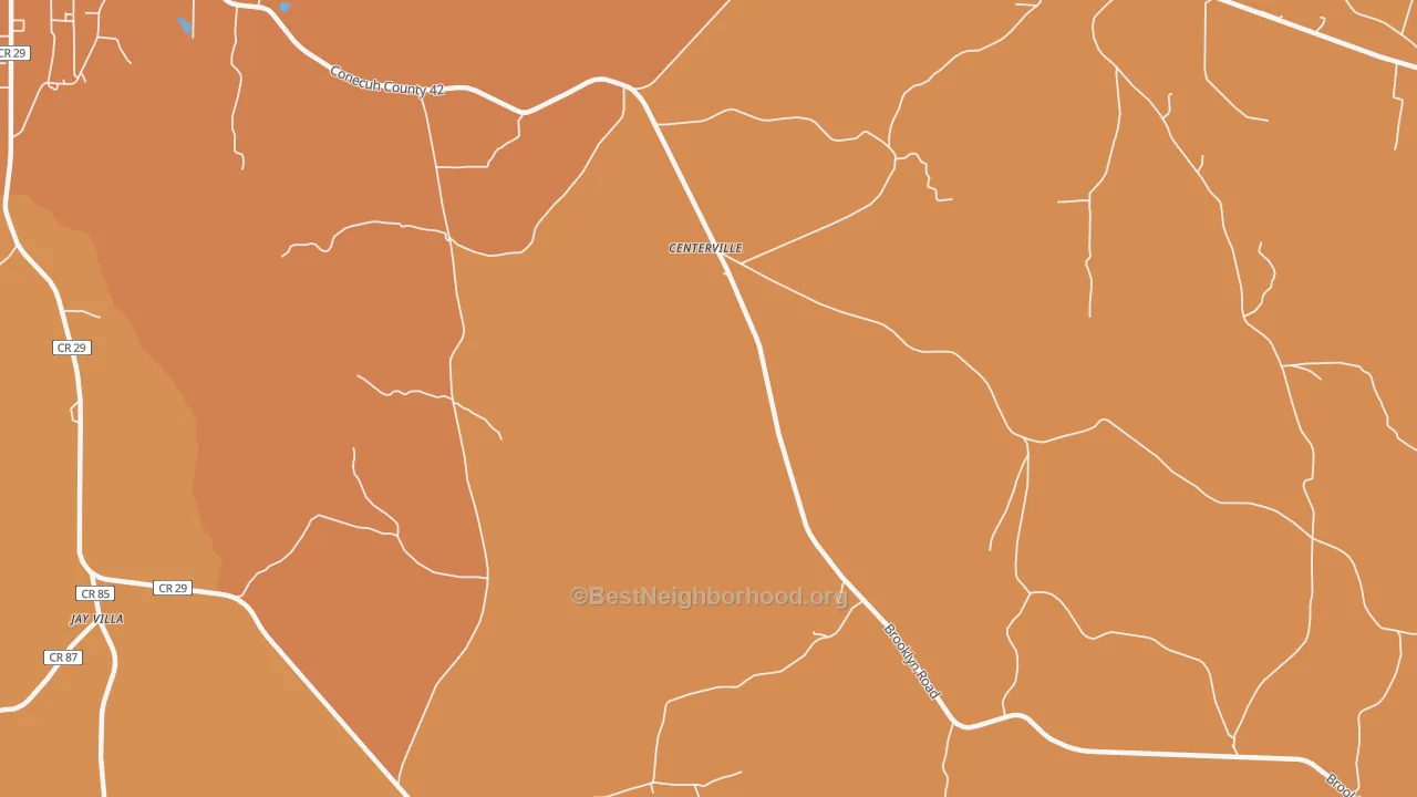 Map of the best neighborhoods in the Centerville area, with better matches in green and worse matches in red