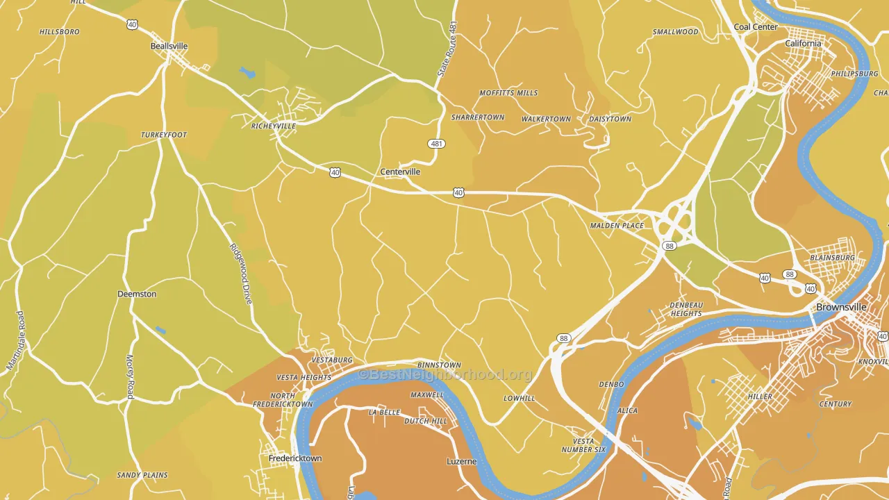 Map of the best neighborhoods in the Centerville, Brownsville area, with better matches in green and worse matches in red