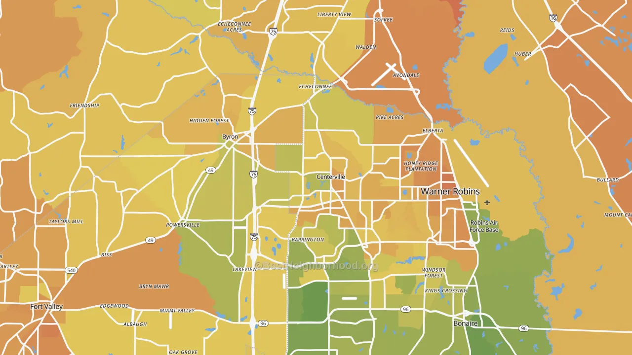 Map of the best neighborhoods in the Centerville area, with better matches in green and worse matches in red
