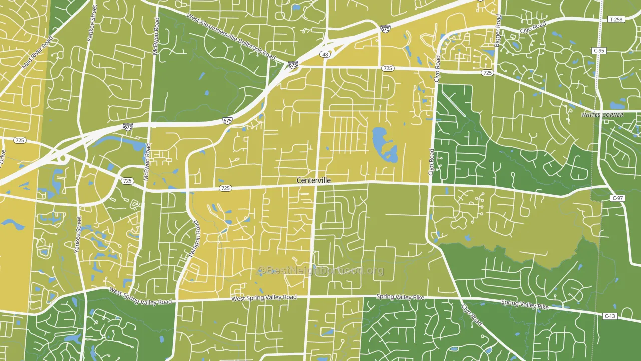 Map of the best neighborhoods in the Centerville Historic District, Centerville area, with better matches in green and worse matches in red