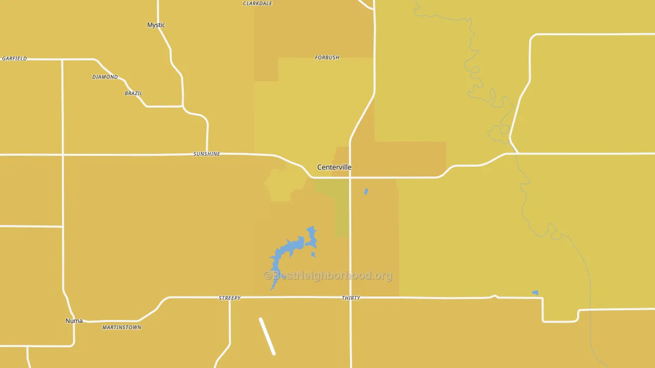 Map of the best neighborhoods in the Centerville area, with better matches in green and worse matches in red