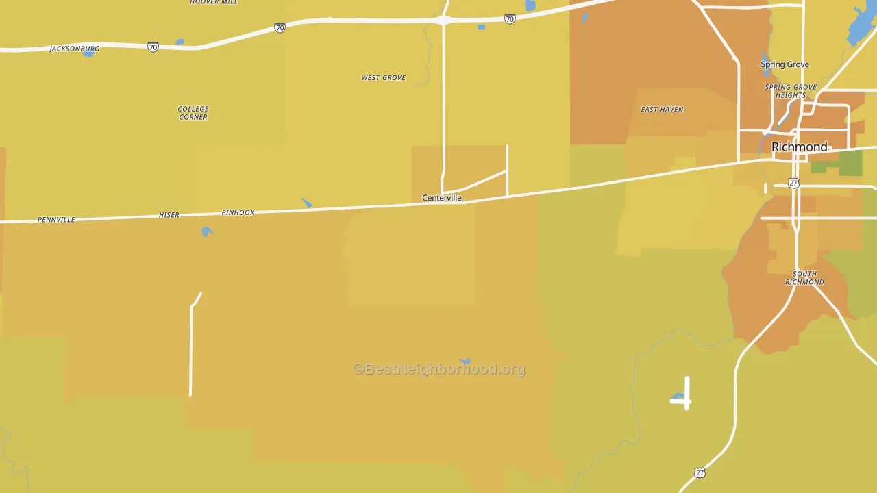 Map of the best neighborhoods in the Centerville area, with better matches in green and worse matches in red