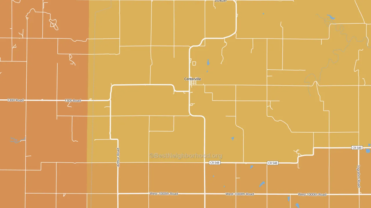 Map of the best neighborhoods in the Centerville area, with better matches in green and worse matches in red