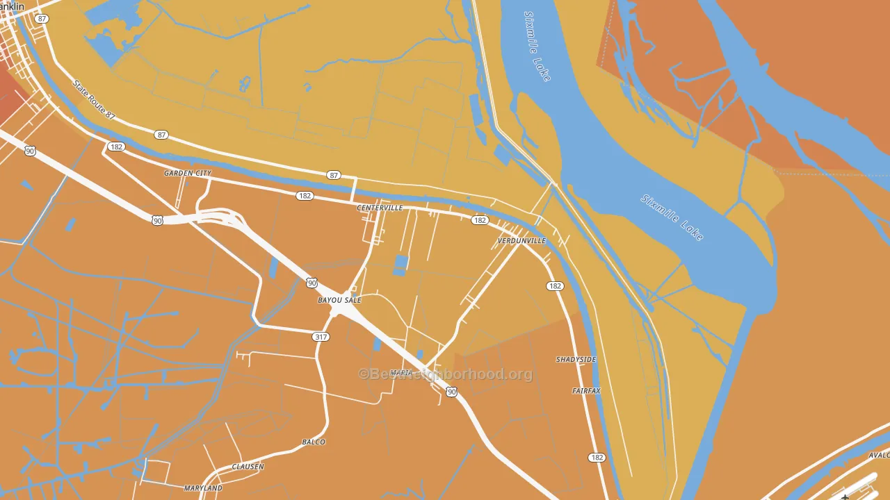 Map of the best neighborhoods in the Centerville area, with better matches in green and worse matches in red
