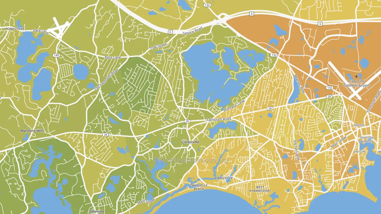 Map of the best neighborhoods in the Centerville area, with better matches in green and worse matches in red