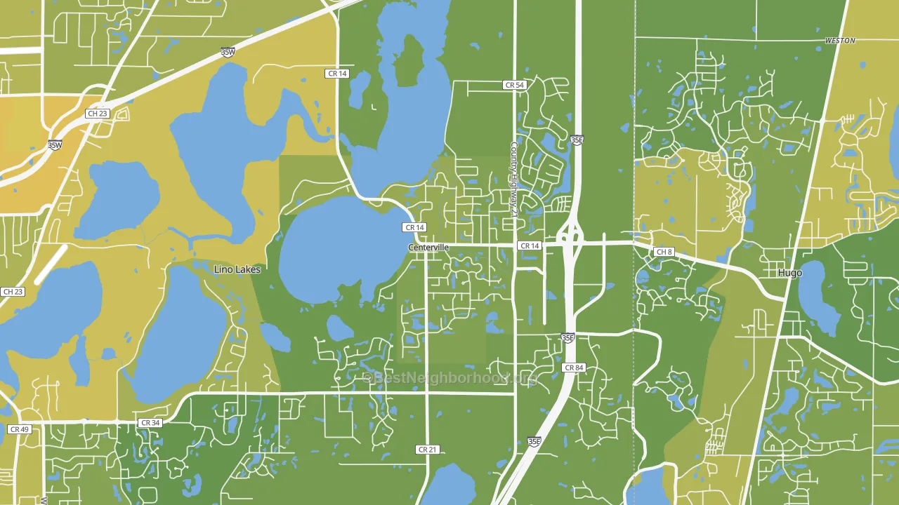 Map of the best neighborhoods in the Centerville area, with better matches in green and worse matches in red
