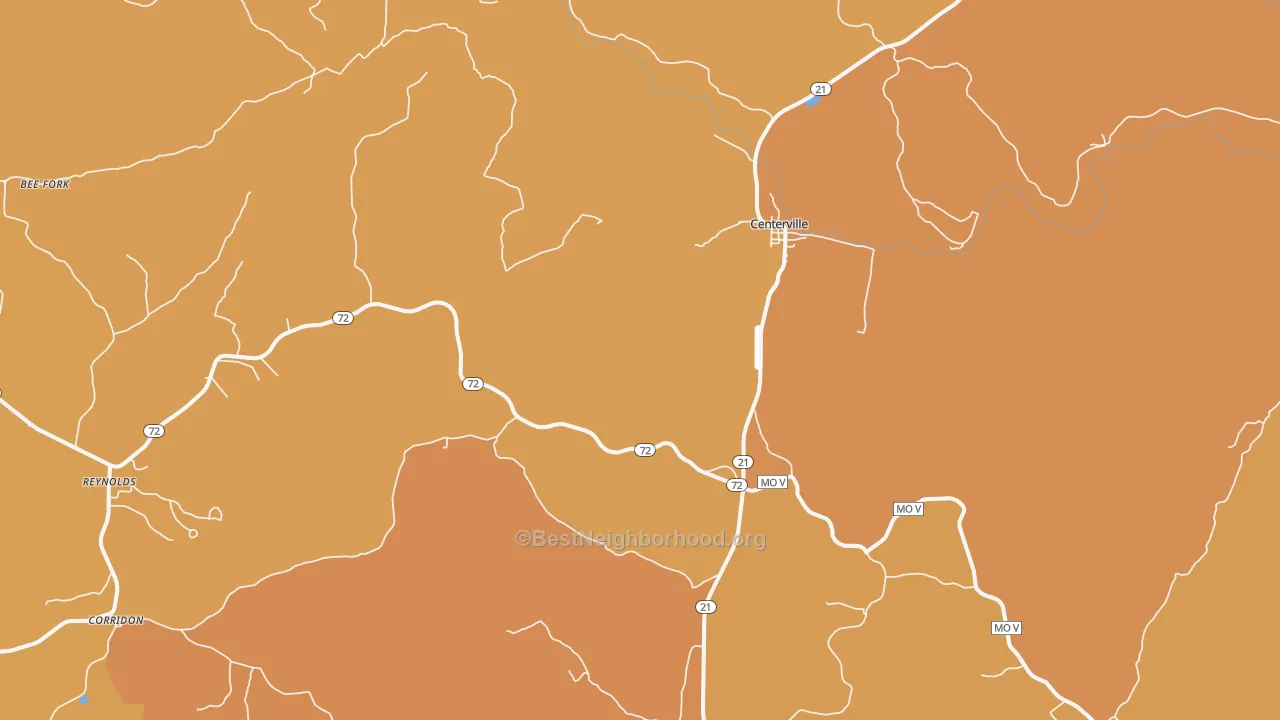 Map of the best neighborhoods in the Centerville area, with better matches in green and worse matches in red