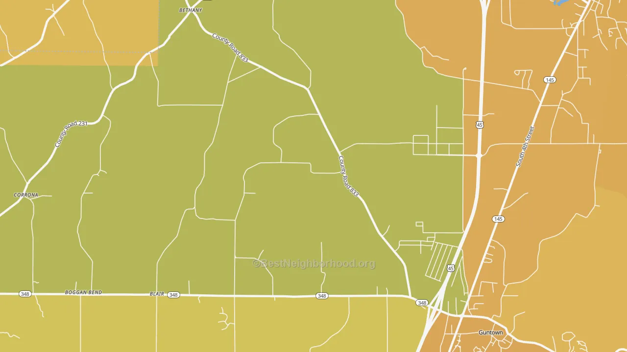 Map of the best neighborhoods in the Centerville area, with better matches in green and worse matches in red